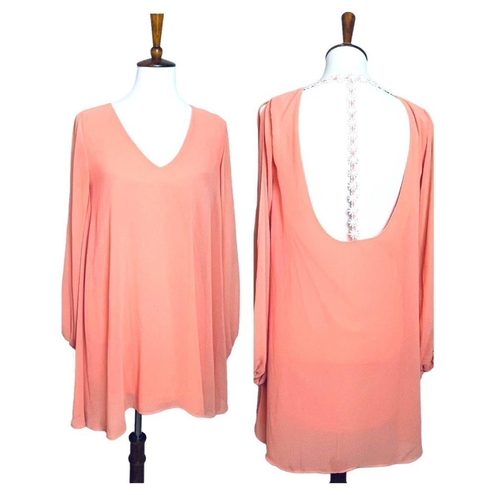 🍀 COTTON CANDY coral chiffon overlay shift dress daisy t-strap back size small